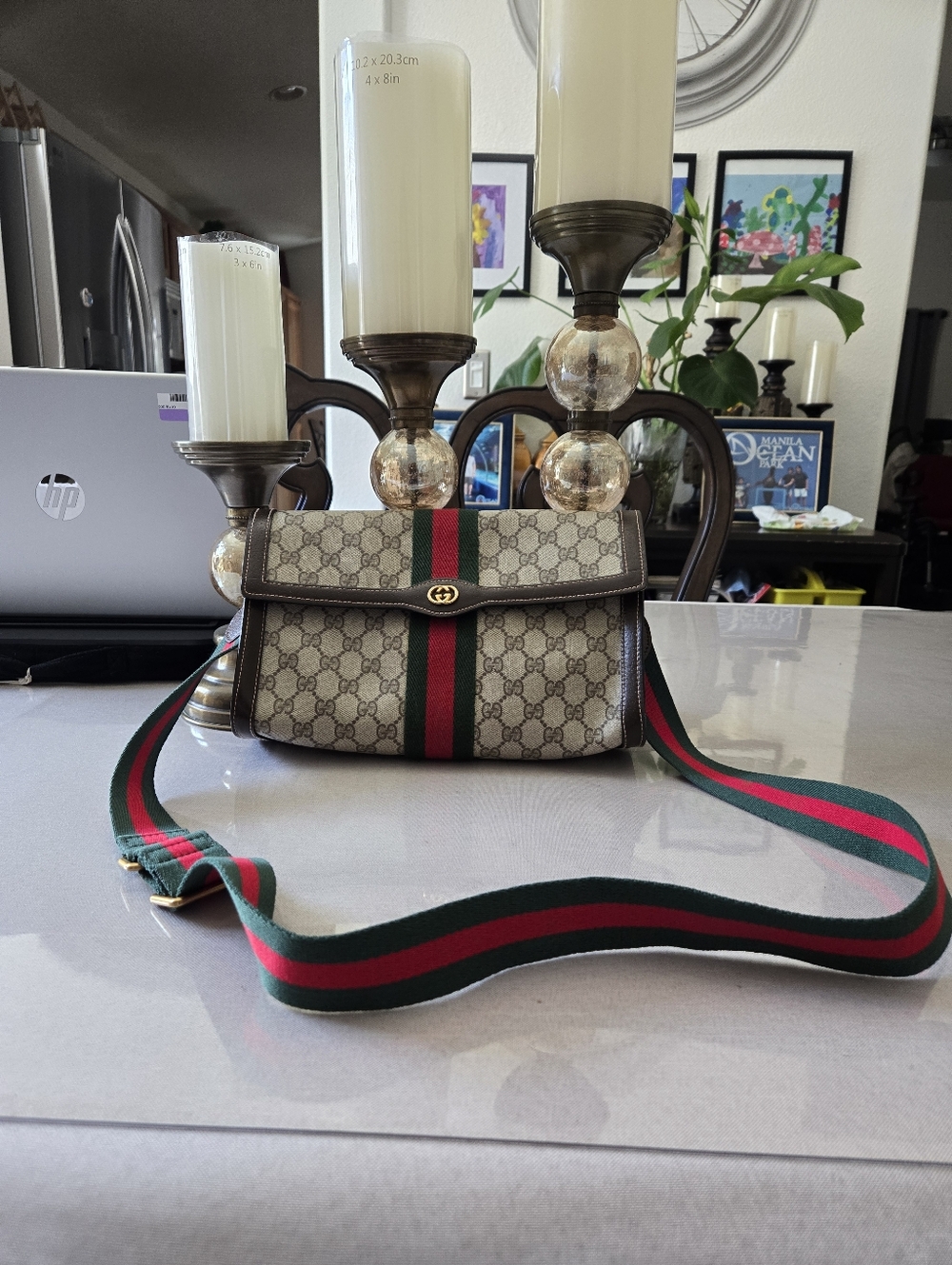 Gucci Beige and Brown Logo Clutch with Red and Green Stripe. - Picture 3 of 10